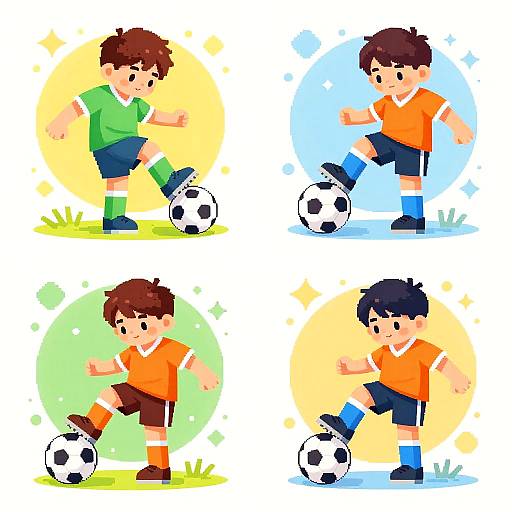 Digital illustration of a cartoon boy in a green shirt and blue shorts, and an orange shirt and black shorts, dribbling a soccer ball in four colorful