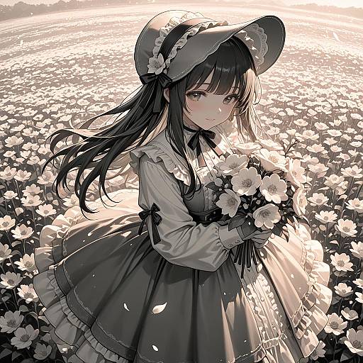 Girl Holding Bouquet in Flower Field