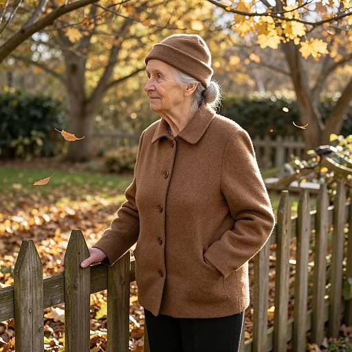 Elderly Woman in Serene Autumn Garden