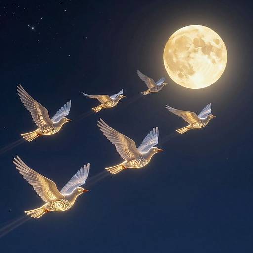 Photograph of five glowing, intricately patterned white doves flying in a V formation towards a bright, full moon in a starry night sky