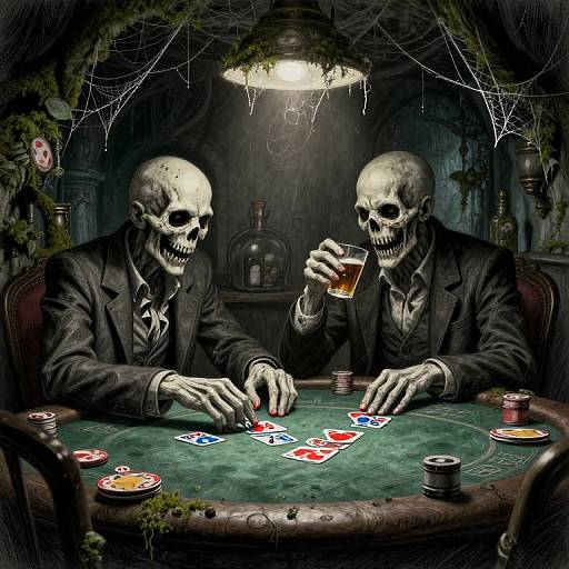 Digital artwork of two skeletal figures in black suits playing poker in a dark, dimly-lit cave with cobwebs, holding drinks and cards.