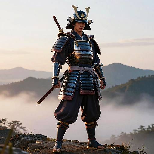 Photograph of a traditional Japanese samurai standing on a rocky cliff, wearing full armor with helmet, holding a sword, against a misty mountain background