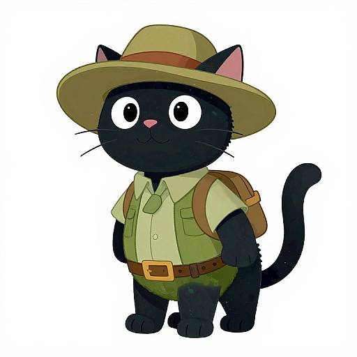 Cute digital cartoon of a black cat wearing a green shirt, khaki shorts, brown backpack, and wide-brimmed hat, standing against a