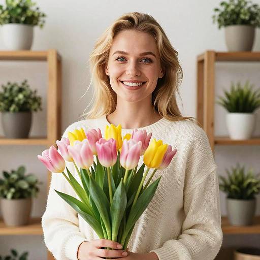 Smiling Blonde Woman with Tulips