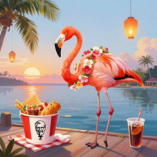 Whimsical Flamingo Feasting at Sunset