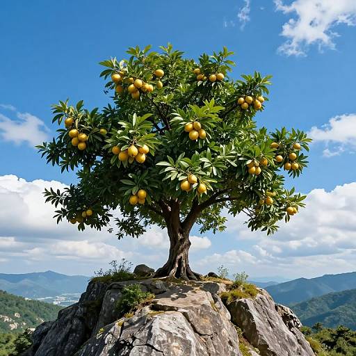 Photograph of a vibrant orange tree with yellow fruits, standing on a rocky mountain peak under a bright blue sky with white clouds. Mountainous landscape in