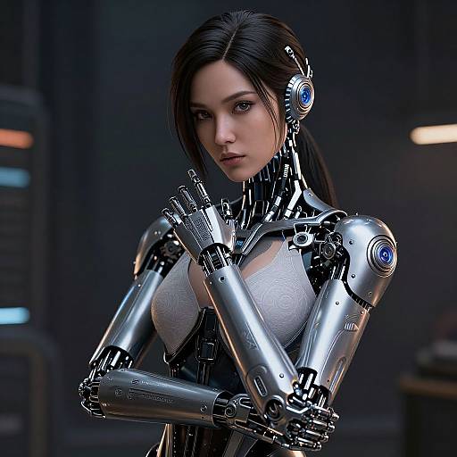 Photorealistic CGI of a beautiful, cybernetic woman with black hair, blue eyes, and silver robotic arms, wearing a white, textured bod
