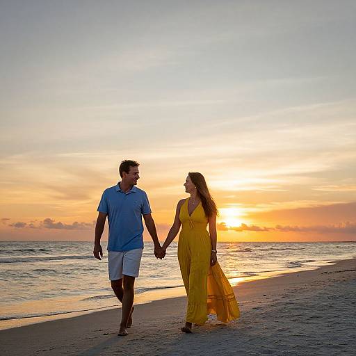 Photograph of a couple holding hands on a sandy beach at sunset, with the man in a blue shirt and shorts, and the woman in a yellow