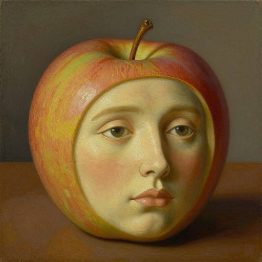 Digital artwork of a realistic apple with a human face, featuring pale skin, brown eyes, and a neutral expression, against a dark gray background.