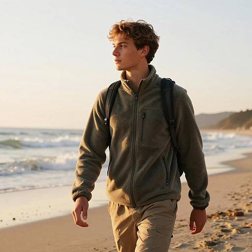 Young Adventurer in Fleece at Sunset Beach