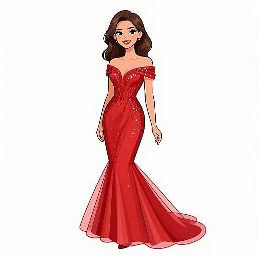 Digital illustration of a smiling woman with wavy brown hair, wearing an off-shoulder, red, sequined mermaid-style gown with a flowing