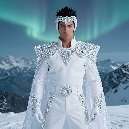 Photorealistic digital image of a muscular man with spiky black hair, wearing a glittering white Arctic-themed outfit, standing against a snowy mountain backdrop