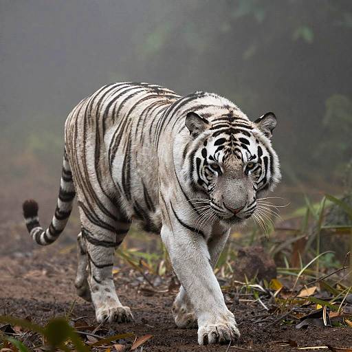 Photograph of a white Bengal tiger with black stripes, walking on dark, muddy ground, with a misty, green forest background.