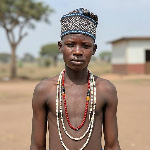 Photograph of a young, shirtless African boy with dark skin, wearing a patterned headwrap and multiple bead necklaces, standing in a rural