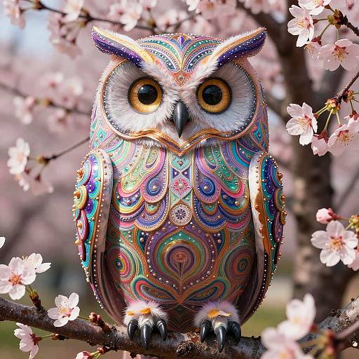 Satirical Psychedelic Baroque Cherry Blossom Owl