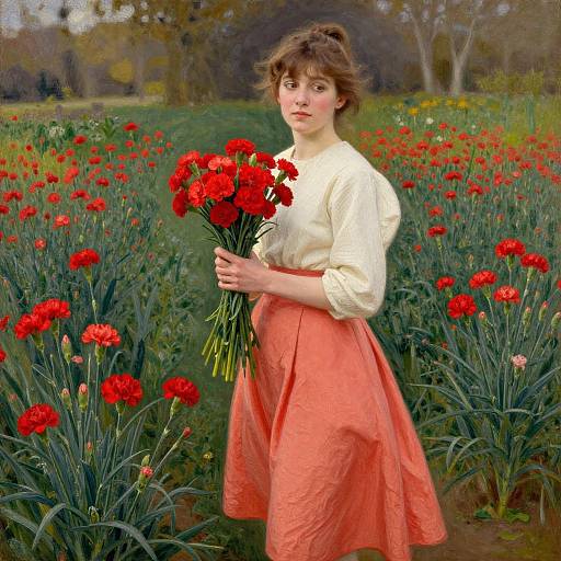 Woman in Red Carnation Field