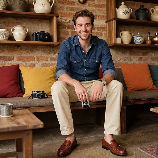 Man in Heritage Denim with Rustic Decor