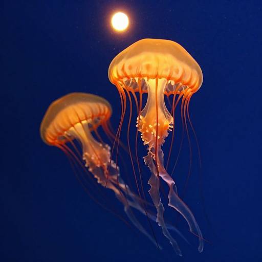 Photograph of two glowing orange jellyfish with translucent tentacles against a deep blue background, illuminated by a bright full moon above.