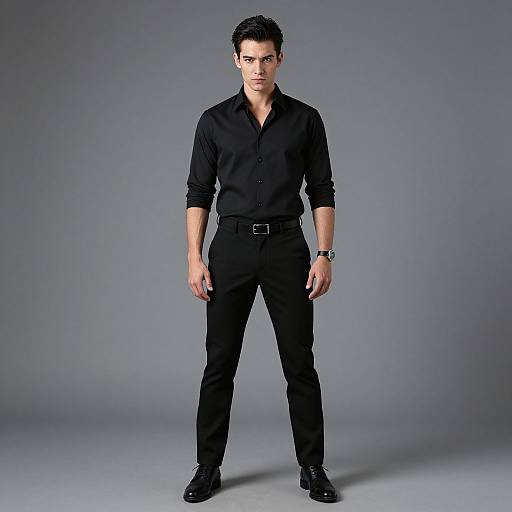 Photograph of a handsome, dark-haired man in a black button-up shirt, black pants, and black shoes, standing confidently against a gray background.