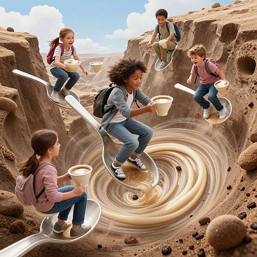 Children Riding Giant Spoons Through Vortex