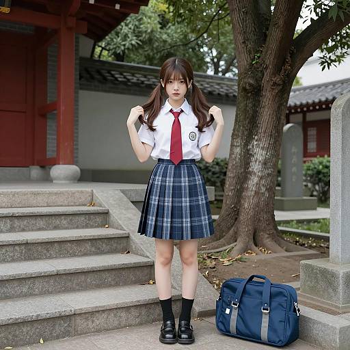 Young Girl in School Outfit by Tree