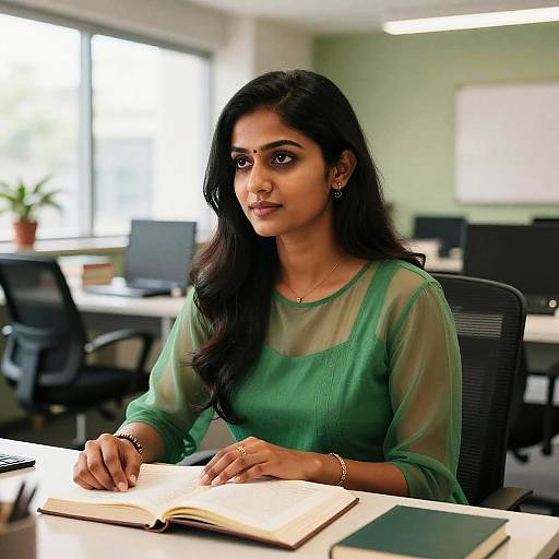 Photograph of an Indian woman with long black hair, wearing a sheer green blouse, sitting in an office, reading a book.