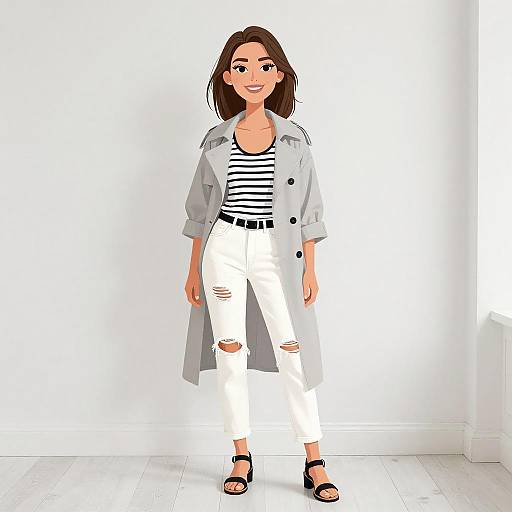 Digital illustration of a smiling woman with straight brown hair, wearing a white coat, black-and-white striped top, white ripped jeans, and black sandals,