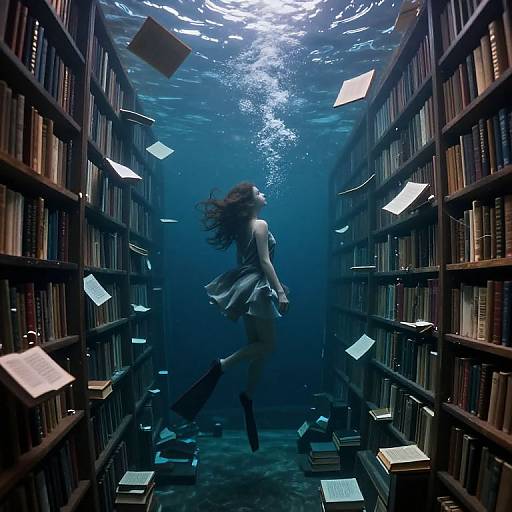 Photograph: Underwater scene of a woman with flowing hair, dressed in a dress, surrounded by floating books in a narrow, dark library aisle,