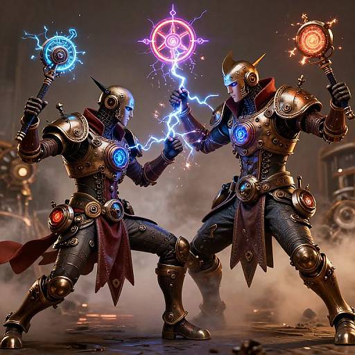 Digital artwork of two armored, helmeted warriors clashing with magical blue and red energy, holding glowing orbs, in a smoky, industrial background.