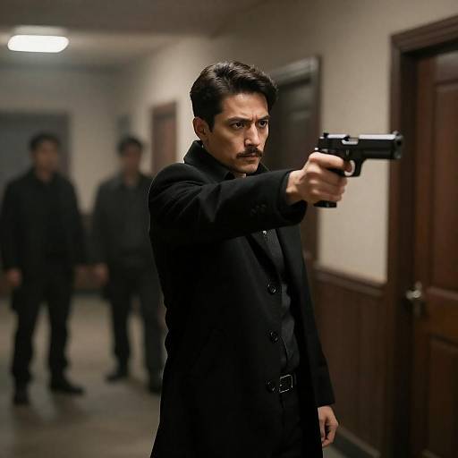 Determined Man in Dim Hallway