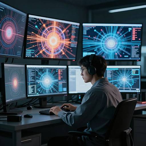 Photograph of a young man with short black hair, wearing glasses and headphones, focused on multiple high-tech computer monitors displaying colorful, glowing scientific visualizations
