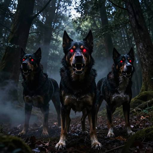 Menacing Dogs in Eerie Forest Night
