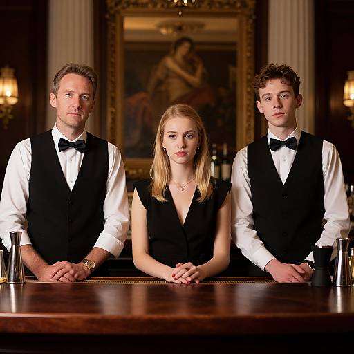 Photograph of three formal servers, two men in black vests and bow ties, one woman in a black sleeveless blouse, standing behind a wooden bar