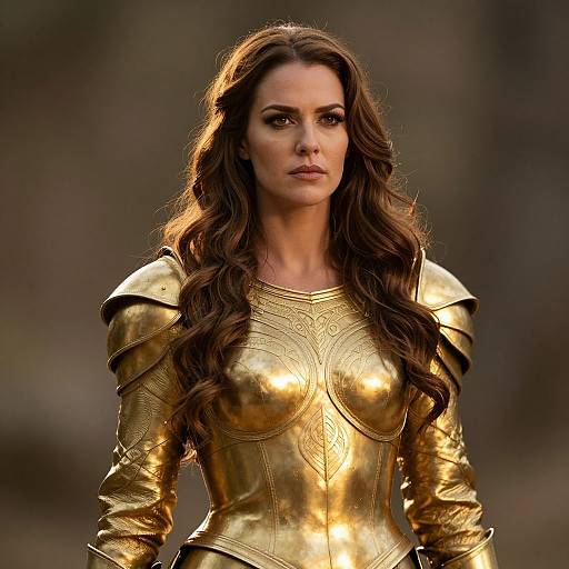 Photograph of a determined woman with long brown hair, wearing a shimmering golden armor dress with intricate patterns, standing against a blurred, dark forest background
