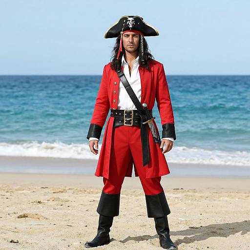 Photograph of a man with long black hair, wearing a red pirate outfit, black tricorn hat, and white shirt, standing on a sandy beach