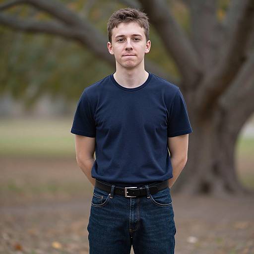 Photograph of a young Caucasian man with short brown hair, wearing a black t-shirt and dark jeans, standing outdoors with hands in pockets, against a