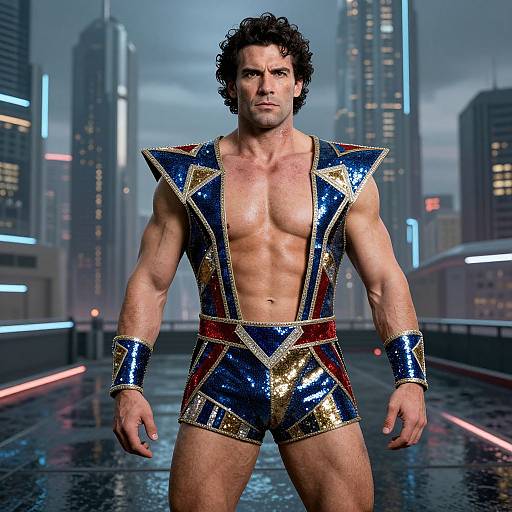 Photograph of muscular, curly-haired man with tanned skin, wearing shiny blue and gold metallic wrestling outfit, standing in futuristic cityscape at night.