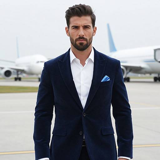 Man in Blue Velvet Suit on Airport Tarmac