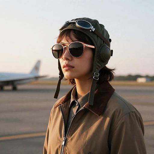 Vintage Female Aviator at Dawn Airfield