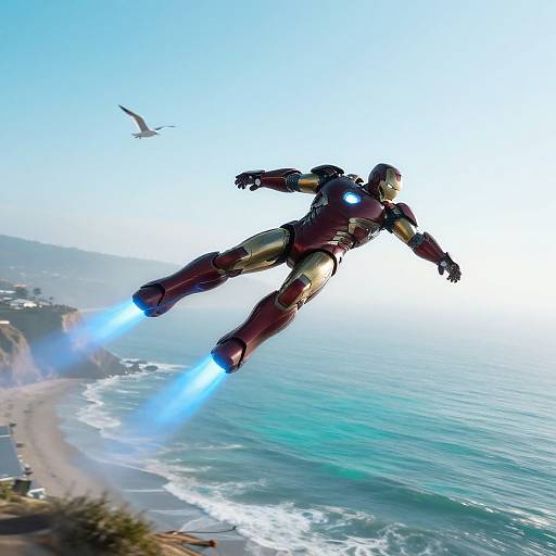 Photorealistic CGI of Iron Man flying over a coastal ocean, glowing blue repulsors, bright sunlight, bird in mid-air, waves below.