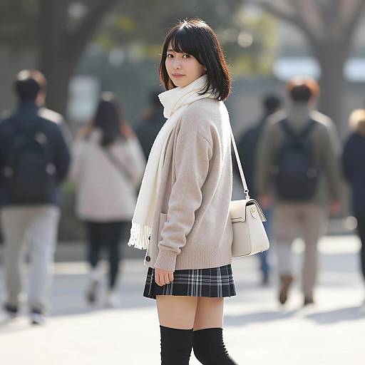 Japanese Woman Wearing Beige Cardigan and Plaid Skirt Outdoors