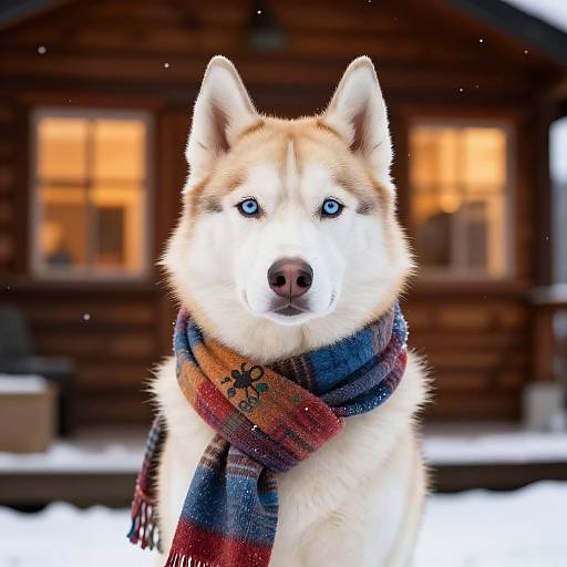 Blonde Husky in Cozy Snow Scene