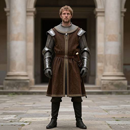 Photograph of a bearded man in medieval armor, brown tunic, and black gloves, standing in a stone courtyard with columns.