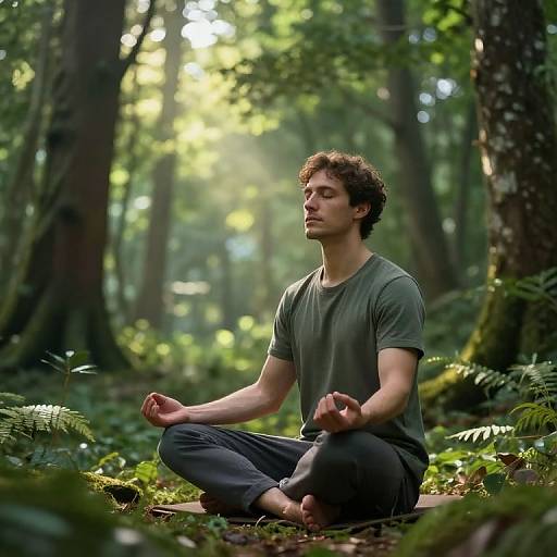 Photograph of a young man with curly brown hair, wearing a green t-shirt and black pants, meditating in a sunlit forest.