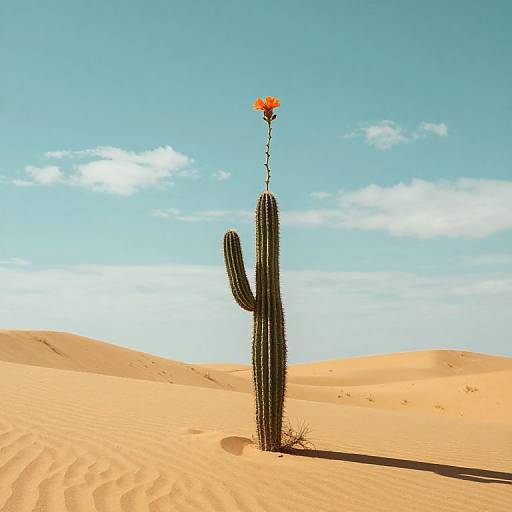 Photograph of a solitary, tall, dark green cactus with a single orange flower at the top, standing in a bright, sandy desert with rolling