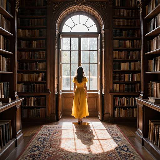 Photograph of a woman in a yellow dress standing before a sunlit, arched library window, surrounded by dark wooden bookshelves.