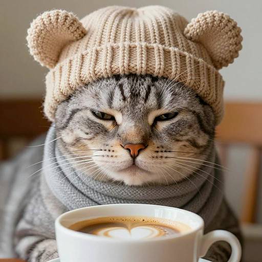 Cozy Cat in Knit Hat and Scarf