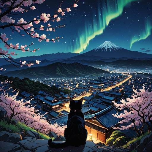 Black Cat Overlooking Ancient Japanese Village at Night