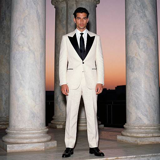 Photograph of a handsome man with curly black hair, medium skin tone, wearing a white tuxedo with black lapels and tie, standing in