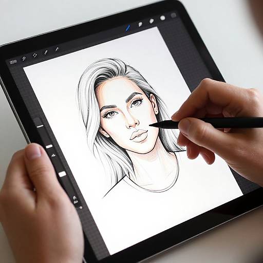 Close-up photograph of hands using a stylus to draw a black-and-white digital portrait of a woman with long hair on a tablet.